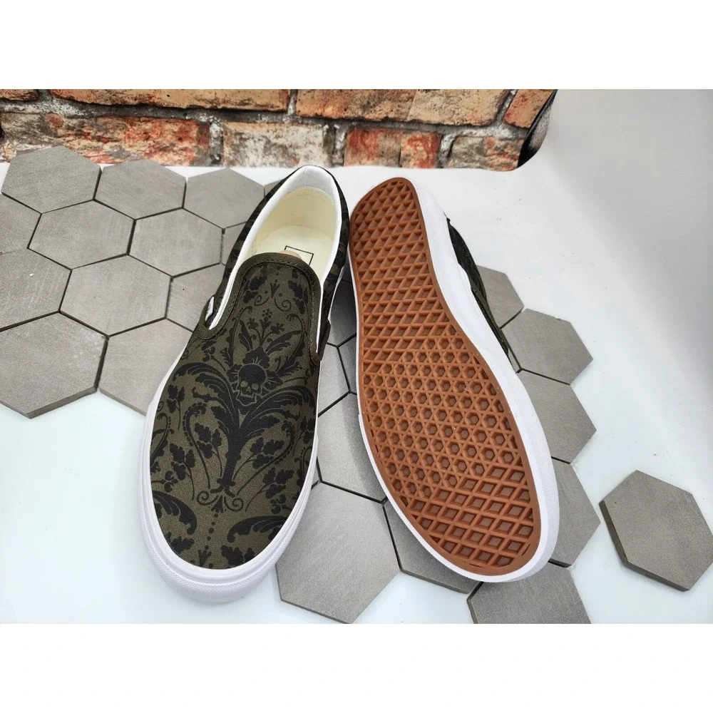 Vans Men's Classic Slip On Skull Tapestry Grape Leaf Olive Canvas Shoes Size 8.5